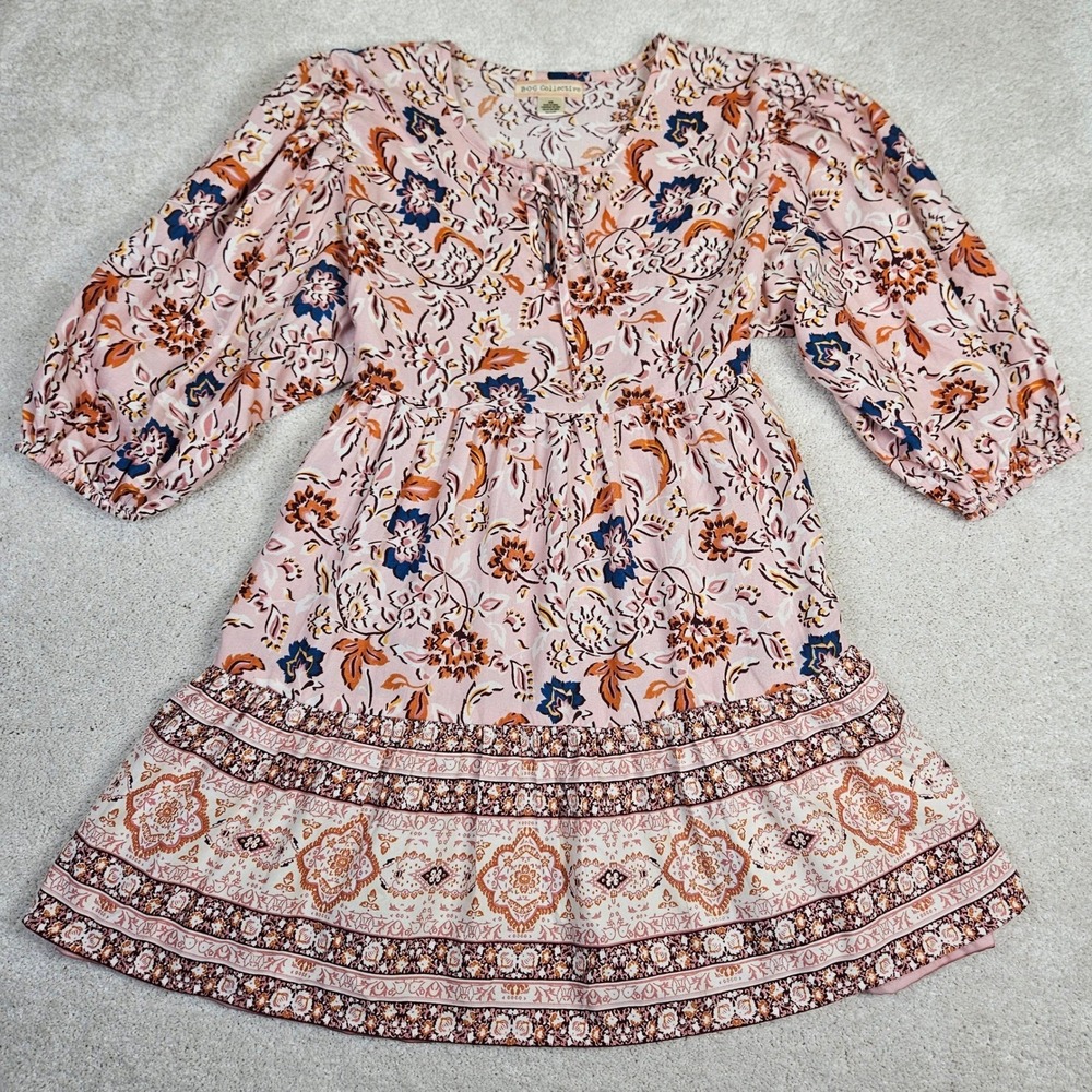 B*O*G Collective XS Fall Floral Print Tie Neck Fairy Mini Dress Boho Peasant